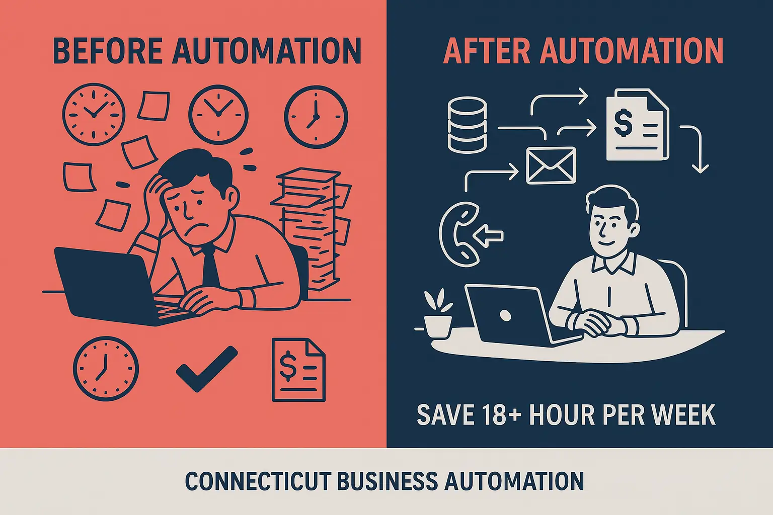 Before and After Business Automation - showing stressed business owner becoming relaxed with automated systems