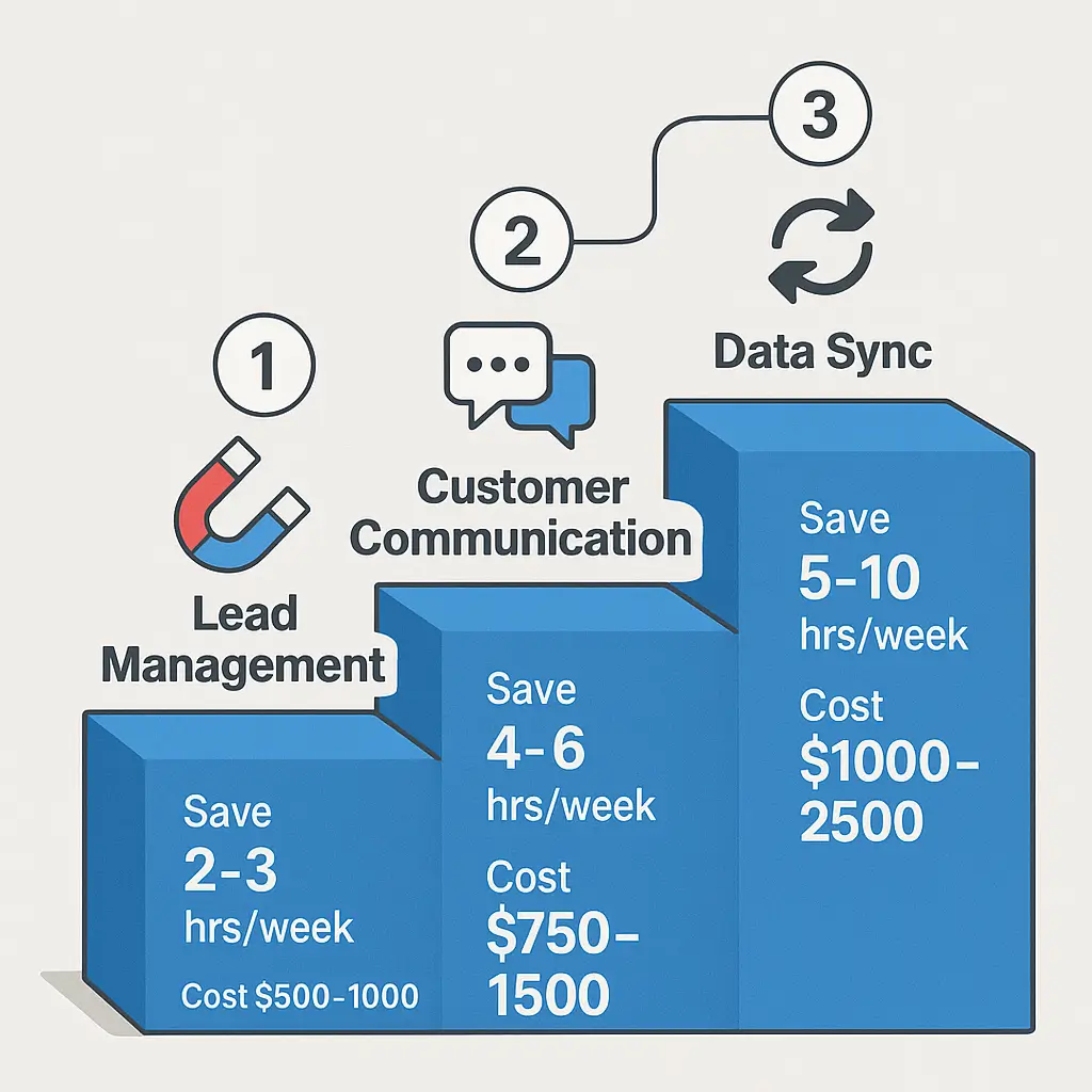 The Big Three automation roadmap showing Lead Management, Customer Communication, and Data Sync
